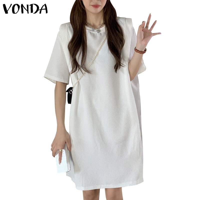 Đầm VONDA cổ tròn tay lỡ màu trơn phong cách Hàn Quốc thời trang cho nữ