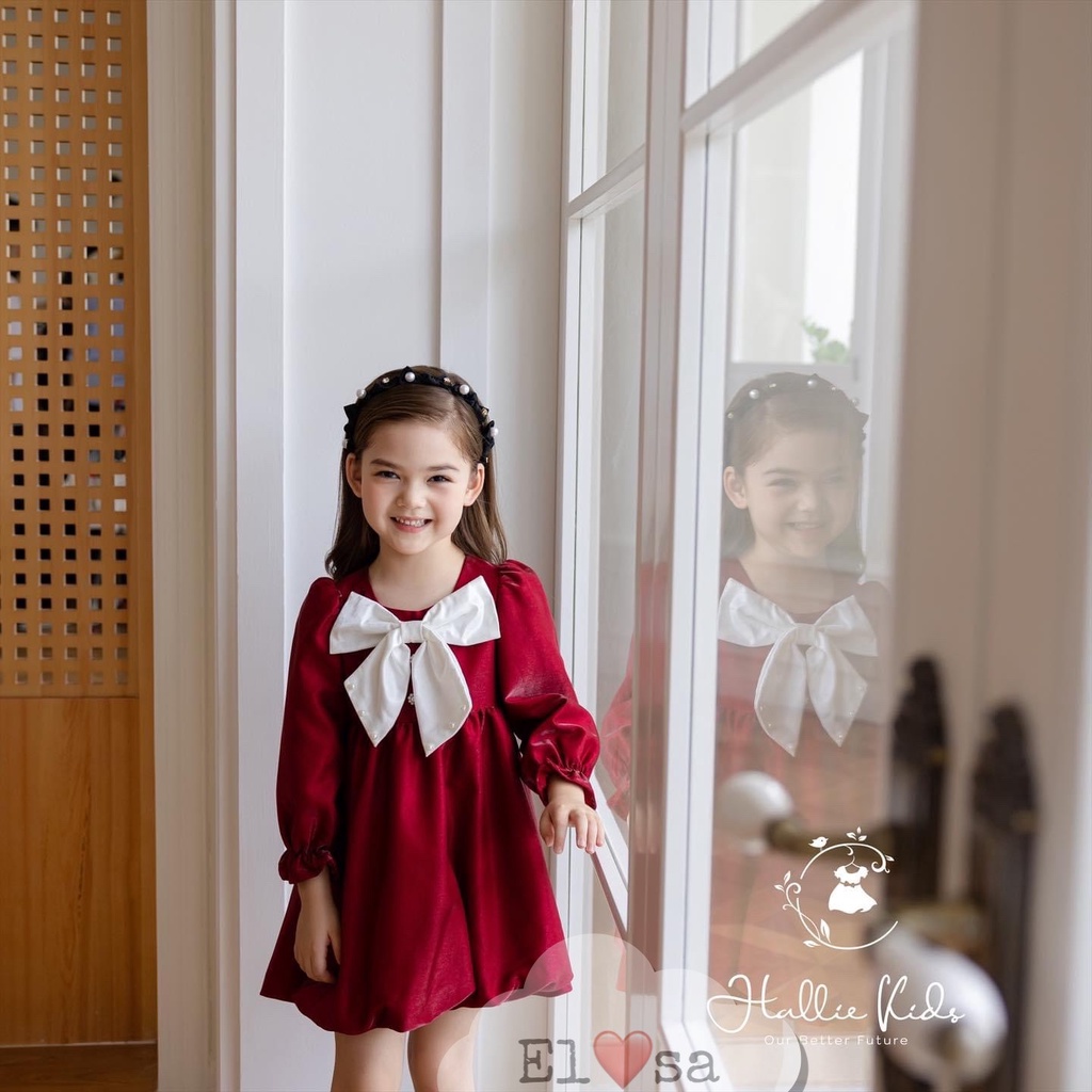 SIÊU PHẨM !!Váy bé gái - Váy nhung kèm nơ  bé gái dài tay thiết kế dáng xòe đính nơ ngực siêu xinh cho bé 1-4 Tuổi