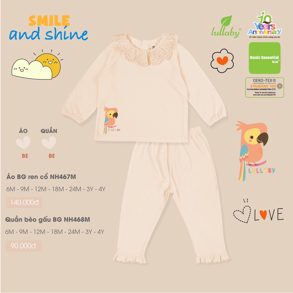 [CHÍNH HÃNG] Bộ quần áo ren cổ quần bèo chất liệu bamboo mềm mại in họa tiết bé gái Lullaby