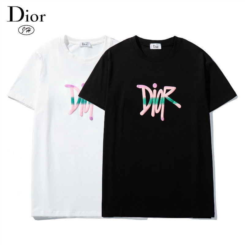 DIOR Mùa hè Thời trang mới Thương hiệu Gradient Cầu vồng Chữ cái Logo D In R Áo thun ngắn tay giản d