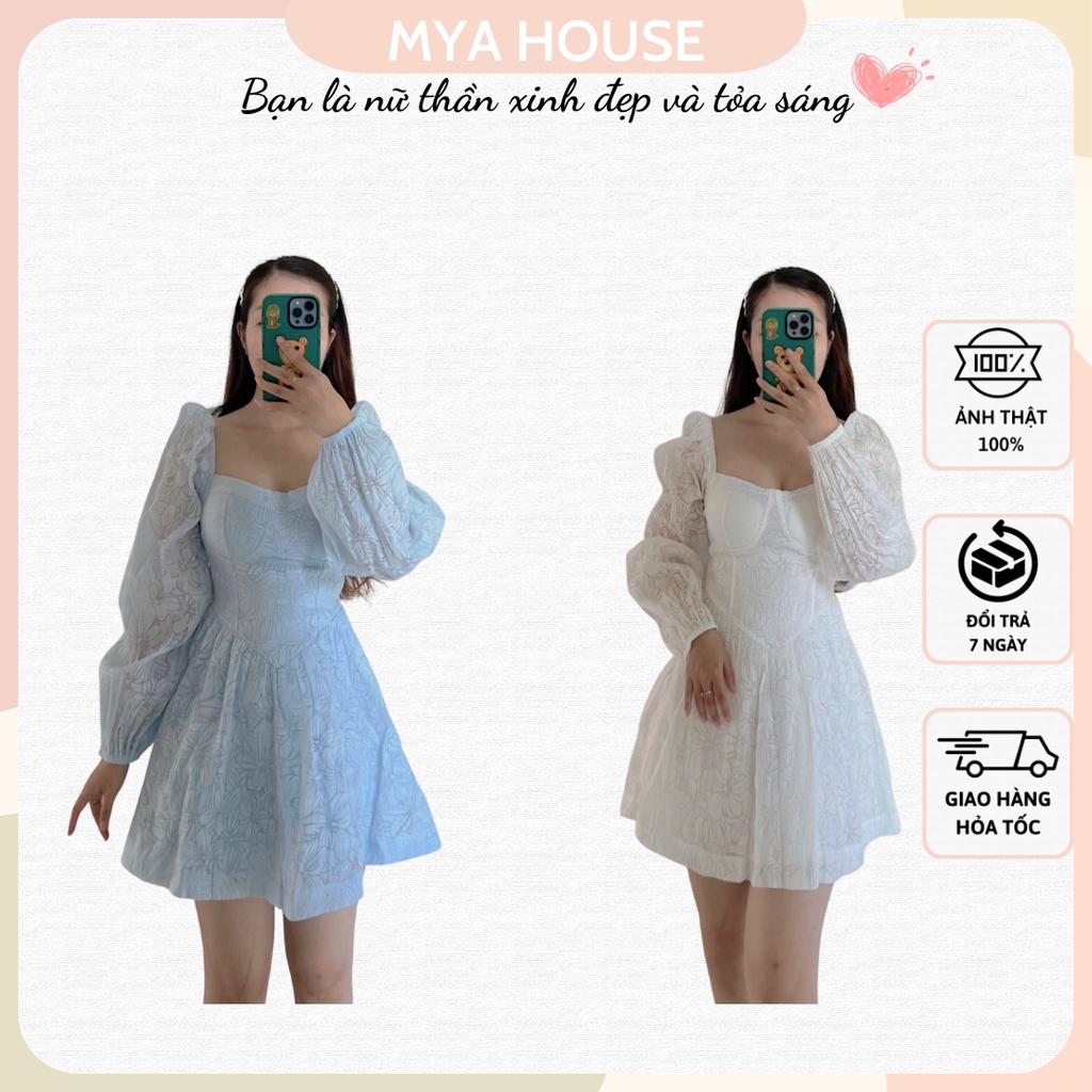Đầm minal dress trắng tay dài phồng