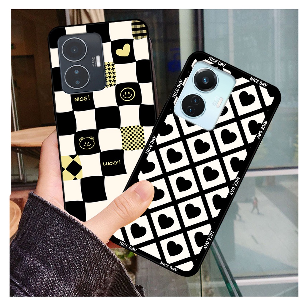 Ốp lưng Vivo Y55 2022 in hoạ tiết caro trái tim đen trắng, gấu bear cute đáng yêu