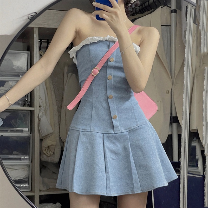 Đầm /váy Ngắn chữ A cúp ngực + dây cổ yếm lưng cao váy xếp ly siêu xinh