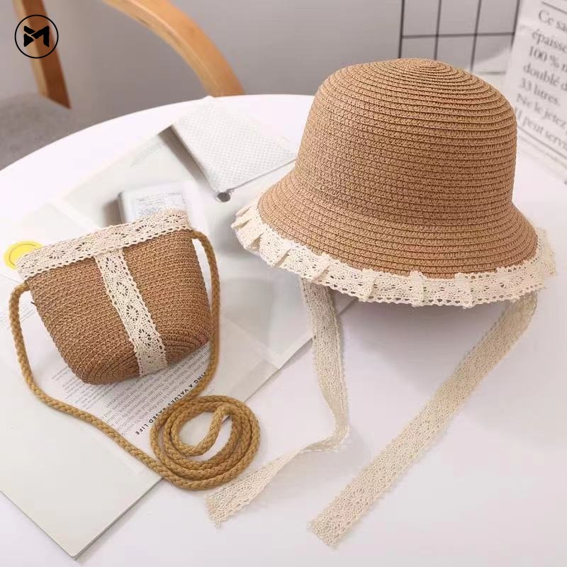 Set Túi Xách Và Nón Cói Thời Trang Đi Biển Xinh Xắn Dành Cho Bé Gái