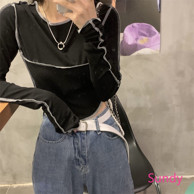 Áo Croptop Tay Dài Lệch Tà Quyến Rũ Thời Trang Phong Cách Hàn Quốc Cho Nữ