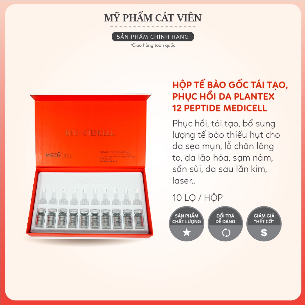 Tế bào gốc trắng da Plantex 12 Peptide Medicell, mờ thâm sạm, thích hợp da xỉn màu, nám, lỗ chân lông to (hộp 10 lọ)