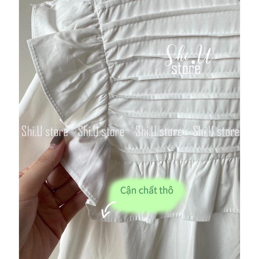 Áo váy trắng babydoll xếp ly bèo ngực dáng dài dấu quần áo kiểu nữ ngắn tay