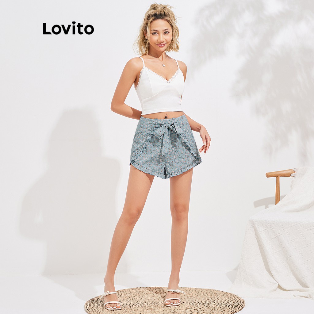 Quần short Lovito eo dây rút cột dây in hoa cơ bản phong cách vintage L16D052 (màu xanh dương)