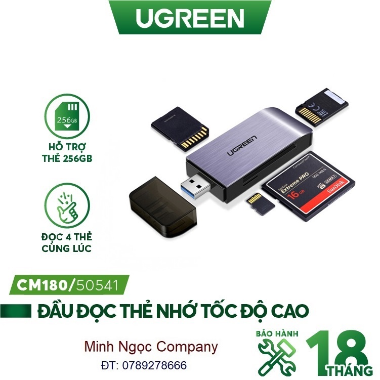 Đầu đọc thẻ đa năng USB 3.0 hỗ trợ SD/TF/CF/MS chính hãng Ugreen 50541 cao cấp - Hàng chính hãng