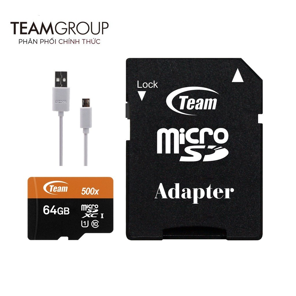 Thẻ nhớ microSDXC Team 64GB 500x upto 80MB/s class 10 UHS-I kèm Adapter (Đen cam) + Cáp CB05 - Hãng phân phối chính thức
