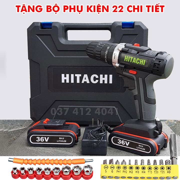 Máy khoan pin Hitachi 36V Có Búa - Máy khoan bắt vít Hitachi - Tặng bộ 22 phụ kiện