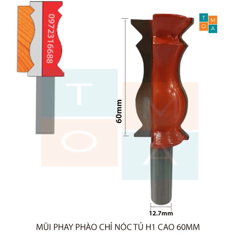 MŨI SOI GỖ - MŨI PHAY GỖ ĐÁNH CHỈ PHÀO H1 CAO 60MM CỐT 12.7MM - CHỈ PHÀO NÓC - PHÀO NẸP HÀNG VIỆT NAM