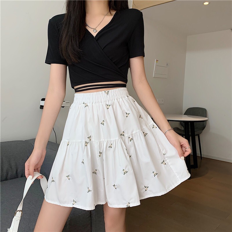 Chân váy xoè silive chân váy chữ a lưng thun, thêu hoa xinh xắn