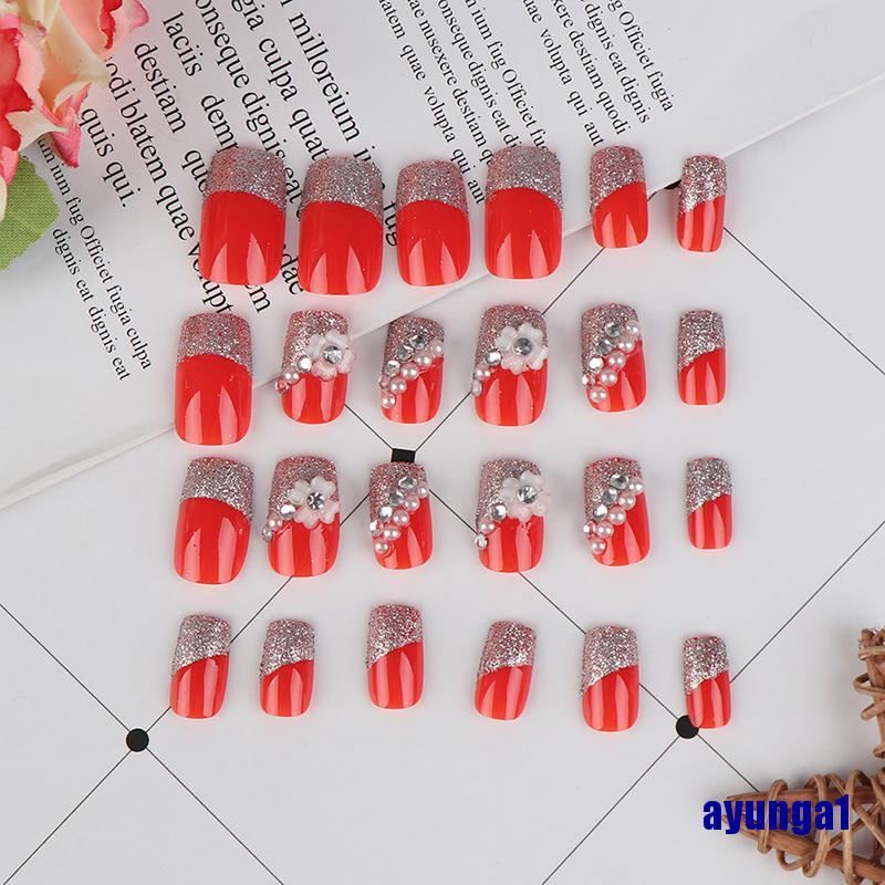 Set 24 móng tay giả hoa hồng trang trí móng tay nghệ thuật
