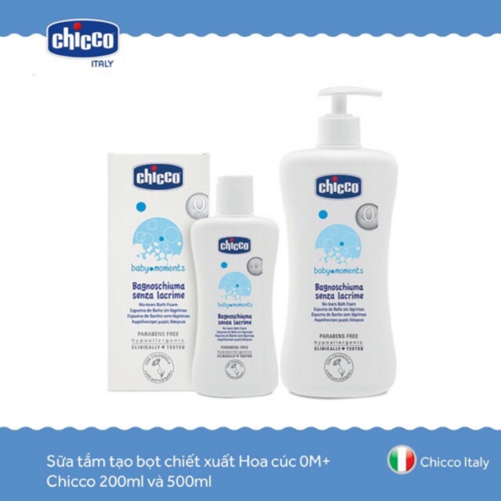 Sữa Tắm Gội Cho Bé Dưỡng Ẩm Chicco Chai 200ml và 500ml, Chống Rôm Sẩy An Toàn Cho Trẻ Từ 0M+