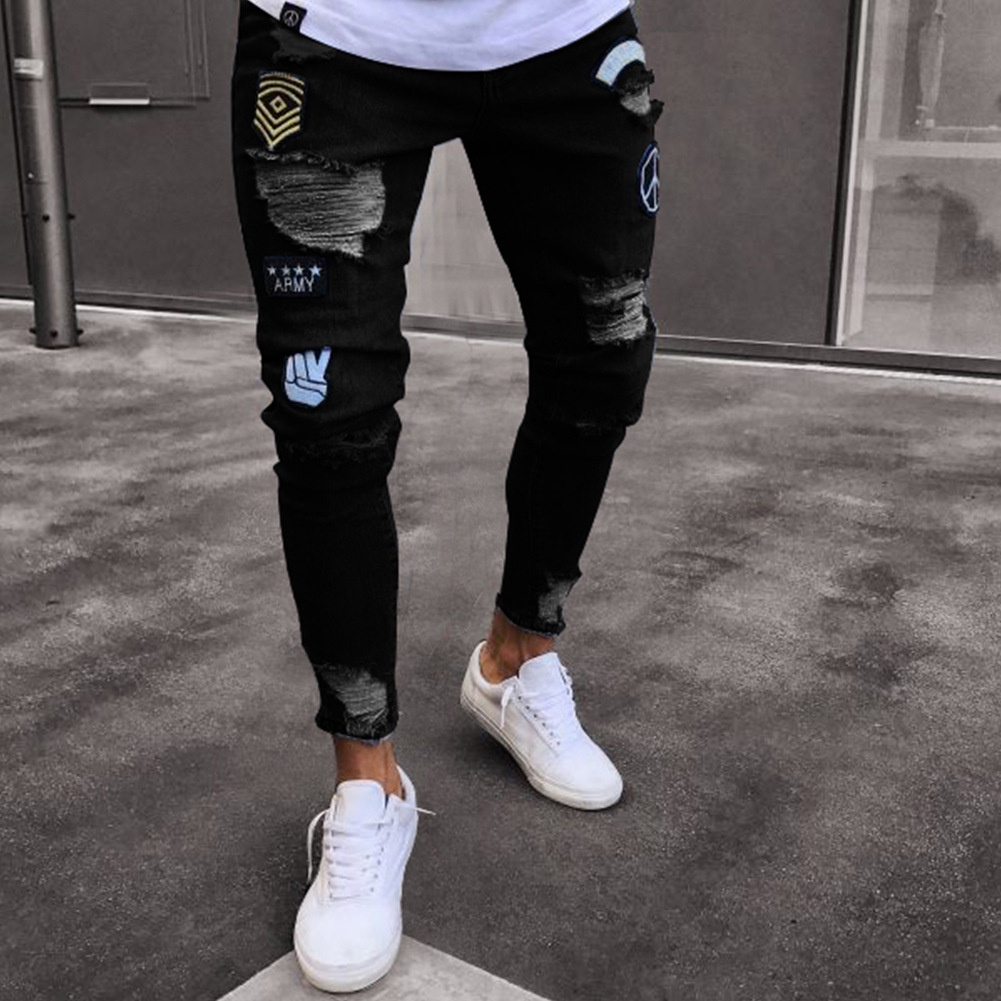 Quần Jeans Dài Phối Rách Thời Trang Dành Cho Nam
