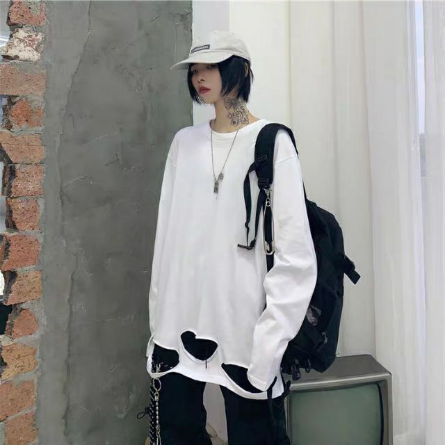 (Có sẵn) Áo thun dài tay 100% cotton unisex rách gấu layer hip hop