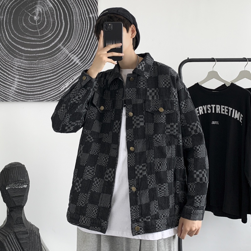 Áo khoác jean denim caro nam unisex form rộng basic, áo khoát jacket jean nam nữ caro phong cách đường phố 1077