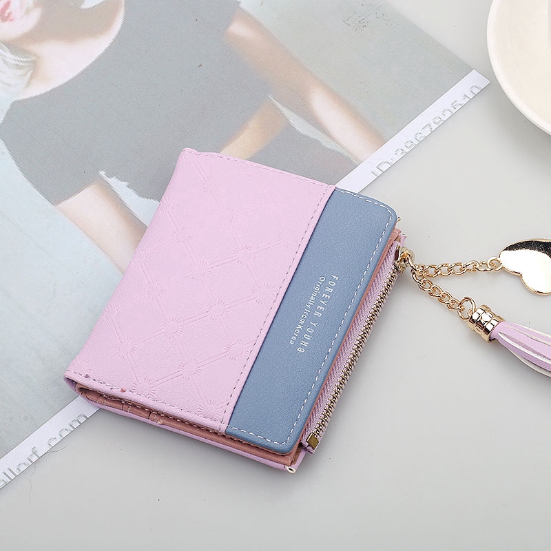 Ví Tiền Dáng Ngắn Có Khóa Kéo Phối Màu Tương Phản Thời Trang Cho Nữ