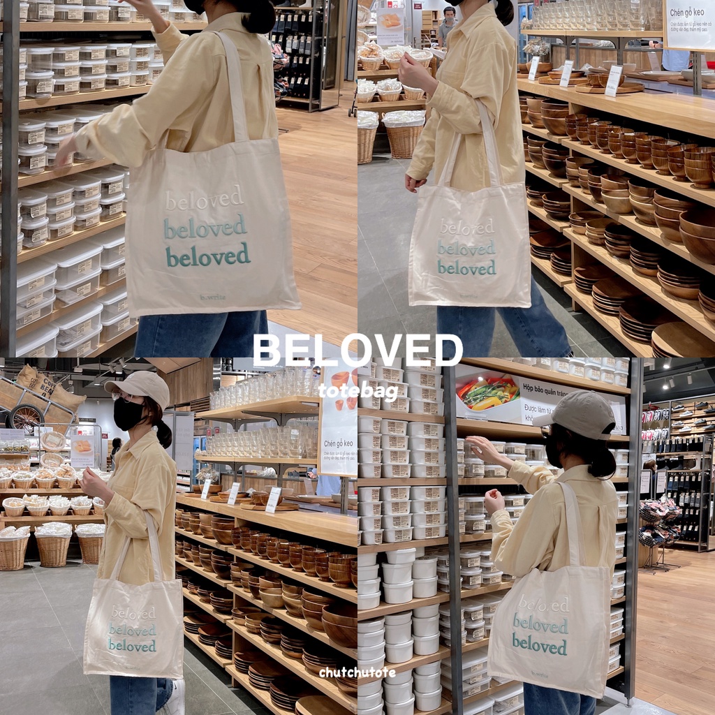 T283-284/Túi vải tote Hàn Quốc form vuông chữ thêu beloved dễ thương phiên bản 2022