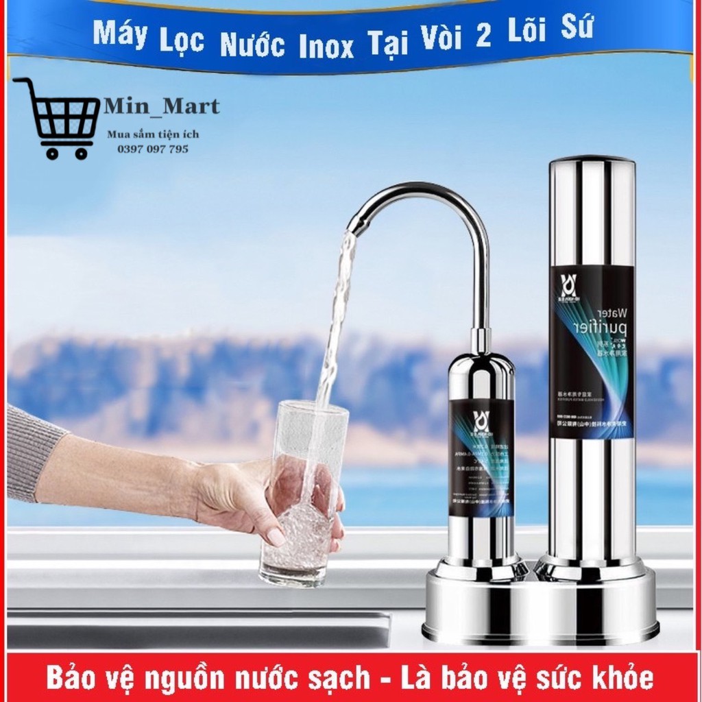 Máy Lọc Nước Mini Water Purifier Dạng Đứng Tại Vòi Phục Hồi Nguồn Nước Sinh Hoạt,2 Lõi Sứ Than Hoạt Tính,Không Dùng Điện