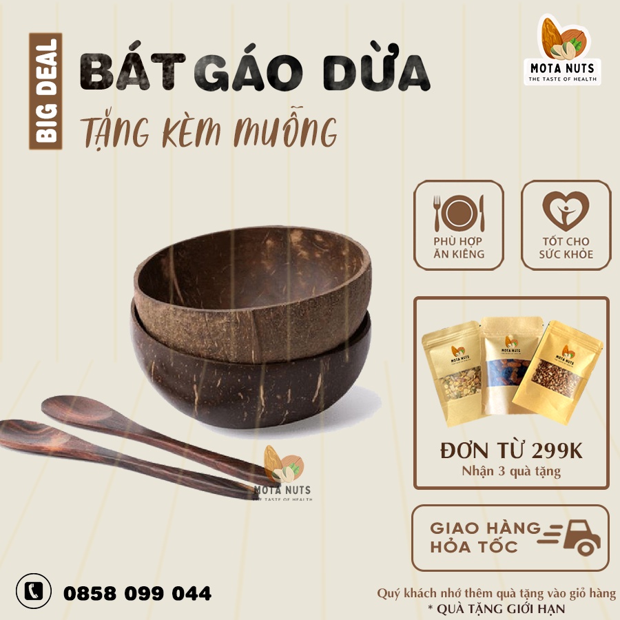 Bát gáo dừa cao cấp mài bóng tự nhiên tặng kèm muỗng gỗ