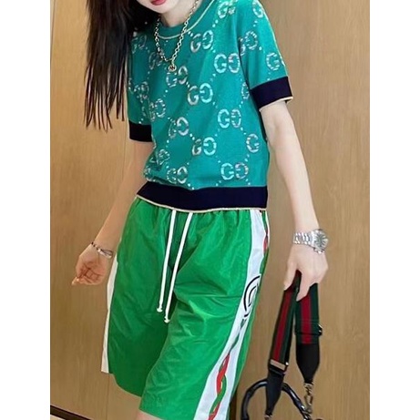 ❡℗Áo Dệt Kim Tay Ngắn In logo Gucci Kiểu retro Thời Trang 2022S
