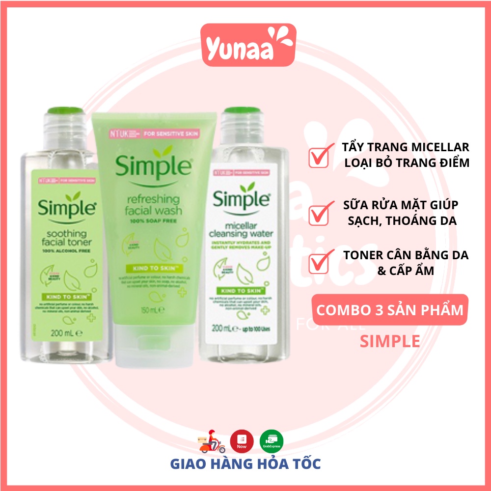 Combo Simple Tẩy trang 200ml + Sữa rửa mặt 150ml + Nước hoa hồng 200ml cho da sạch khỏe đàn hồi