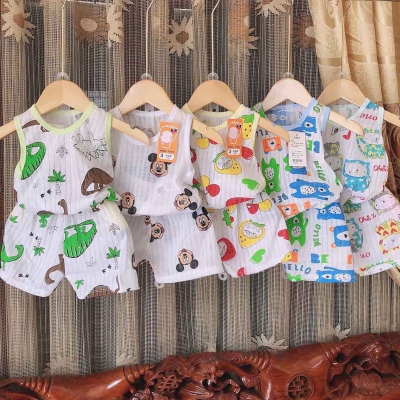 Bộ áo quần cotton giấy ba lỗ cho bé trai bé gái đủ size 3-15kg mặc thoáng mát thoải mái cho bé vui chơi cả ngày