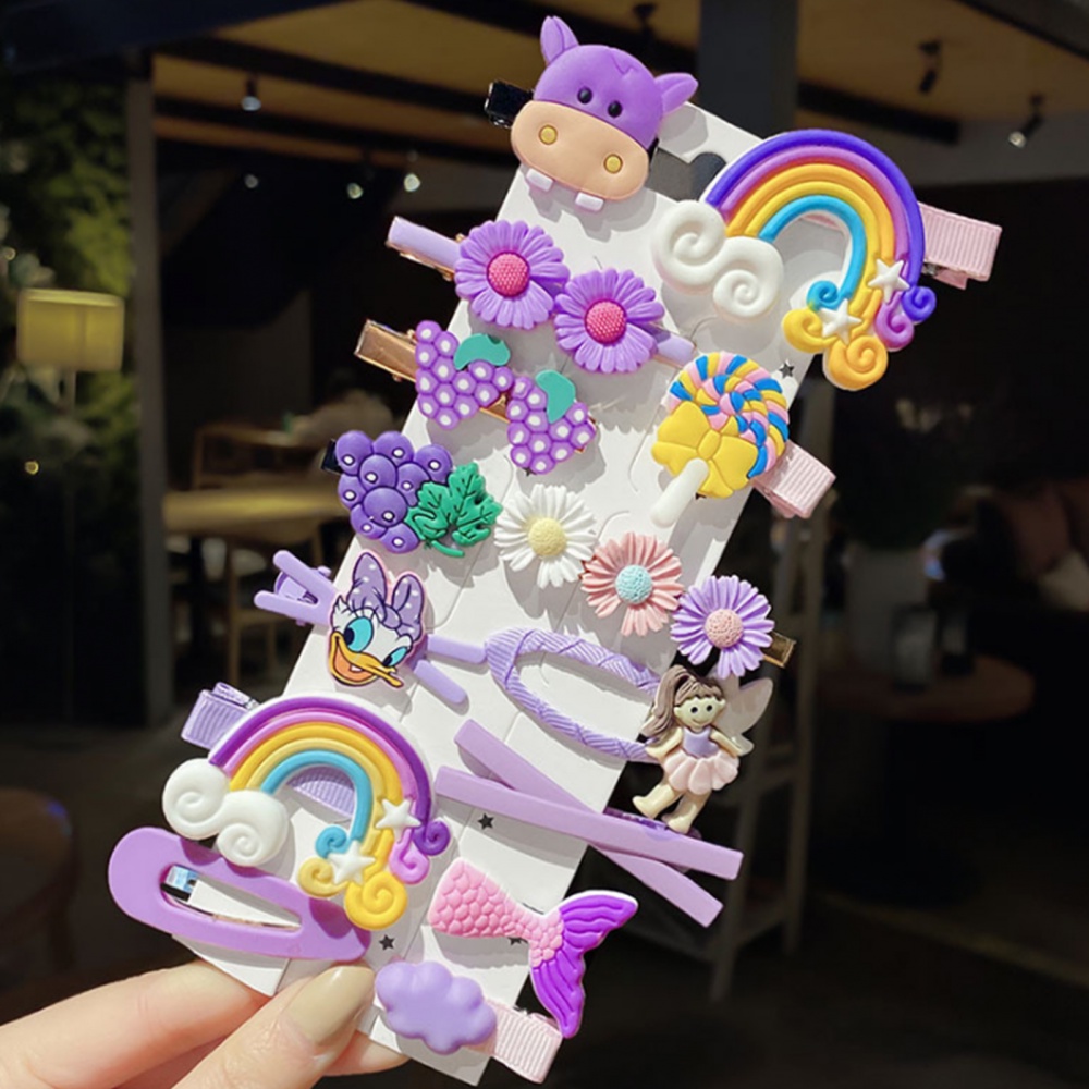Set 14 kẹp tóc màu tím thiết kế trái cây và mẫu khác hoạt hình đáng yêu dành cho bé gái