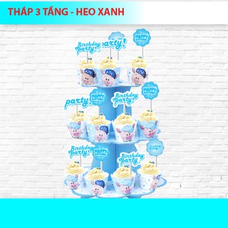 THÁP 3 TẦNG ĐỂ BÁNH CUPCAKE HEO XANH