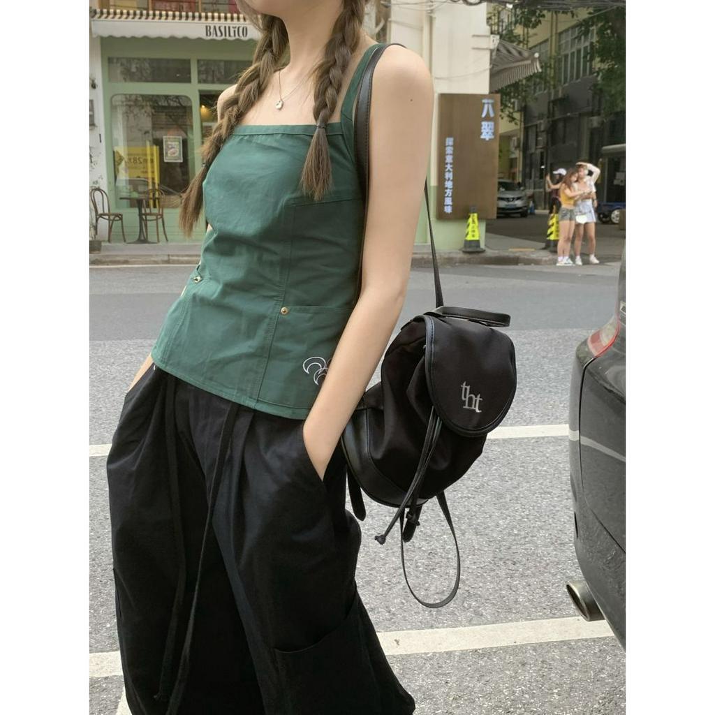 Porozi Áo croptop Hai Dây Màu Xanh Lá Thời Trang Mùa Hè Cho Nữ