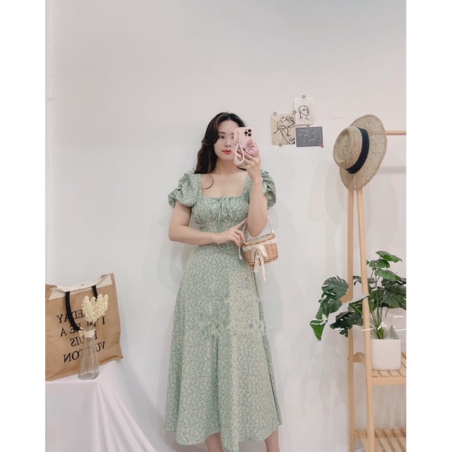 Đầm Midi nhún ngực hoa nhí xẻ tà tay phồng màu xanh NÀNG CLOSET
