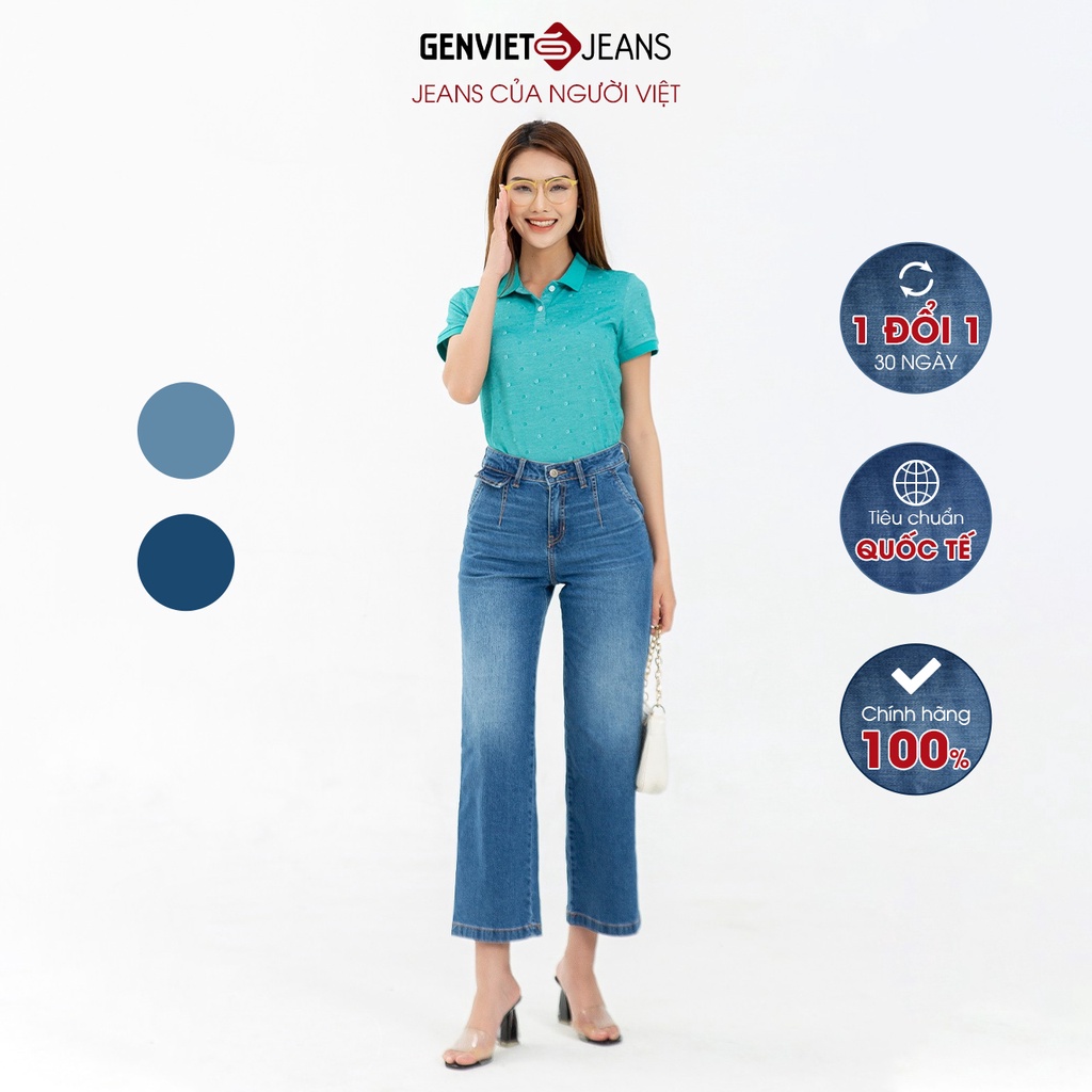 Quần Jeans Nữ Trơn Dáng Xuông Ống Rộng Cạp Cao Chất Bò Mềm Cao Cấp Basic GENVIET TQ124J2209