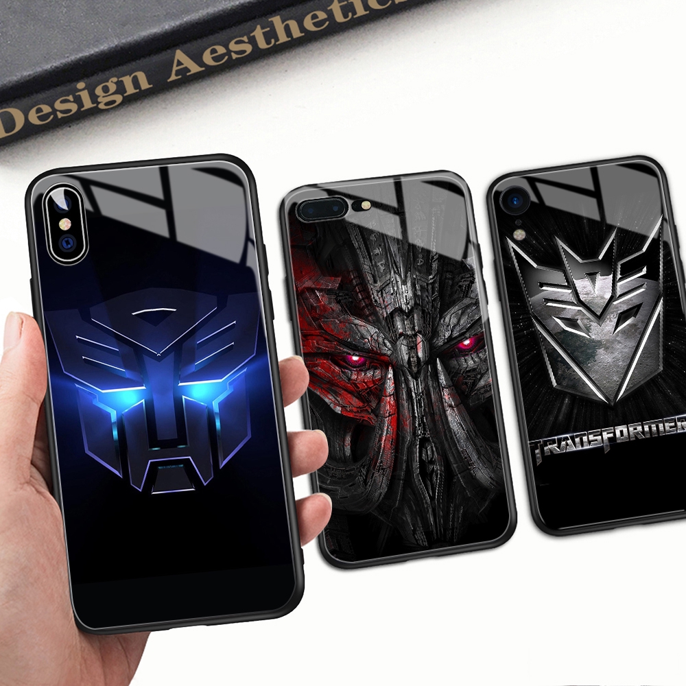 Ốp lưng kính cường lực hình transformer cho Iphone 6 6s 7 8 Plus X Xr XS Max 11 Pro Max