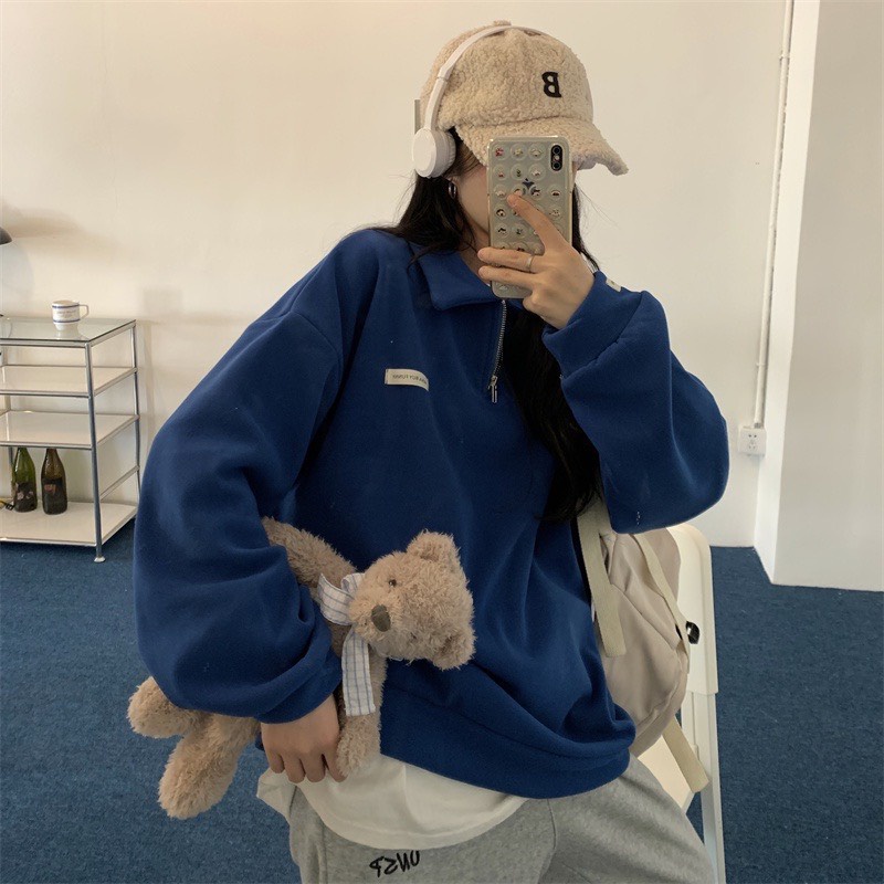 Áo sweater , Áo nỉ kéo khóa cổ màu xanh dương trơn phối họa tiết đơn giản