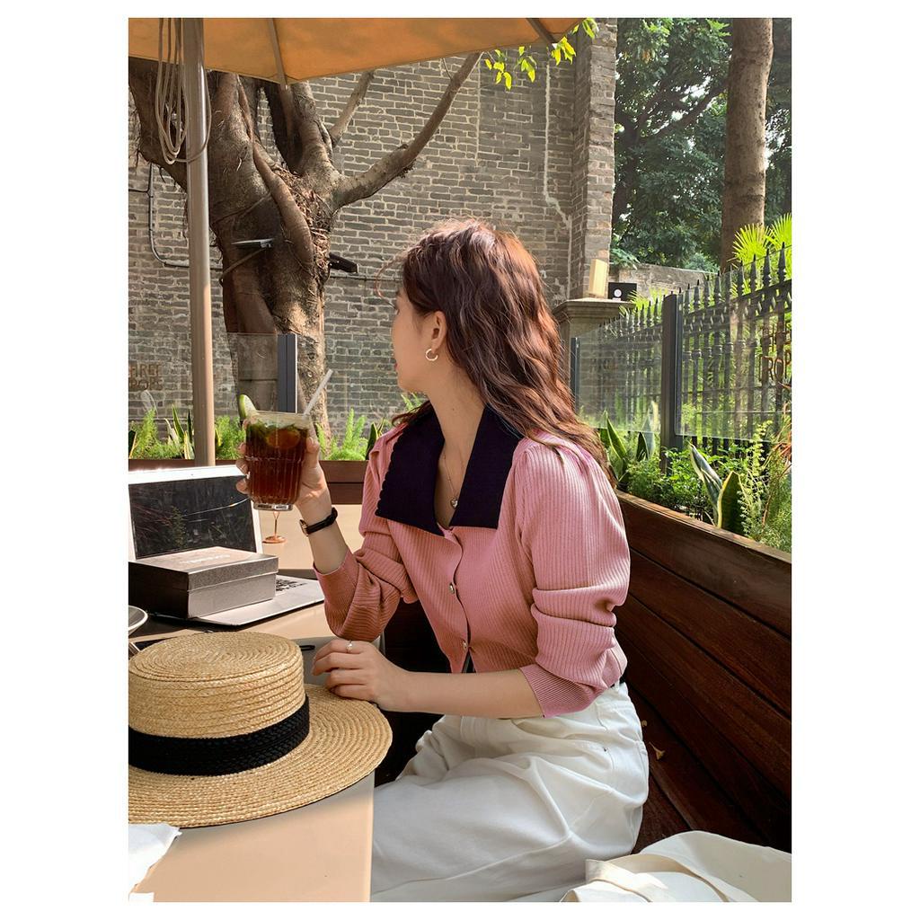Áo Cardigan Dệt Kim Cổ Bẻ Dáng Ôm Màu Sắc Tương Phản 61405