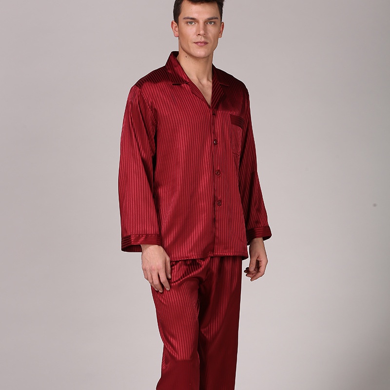 Bộ đồ ngủ pijama vải lụa satin kẻ sọc cổ điển cho nam
