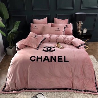 Bộ Chăn Ga Gối Nỉ Nhung Thêu 6Món - Chanel Hồng