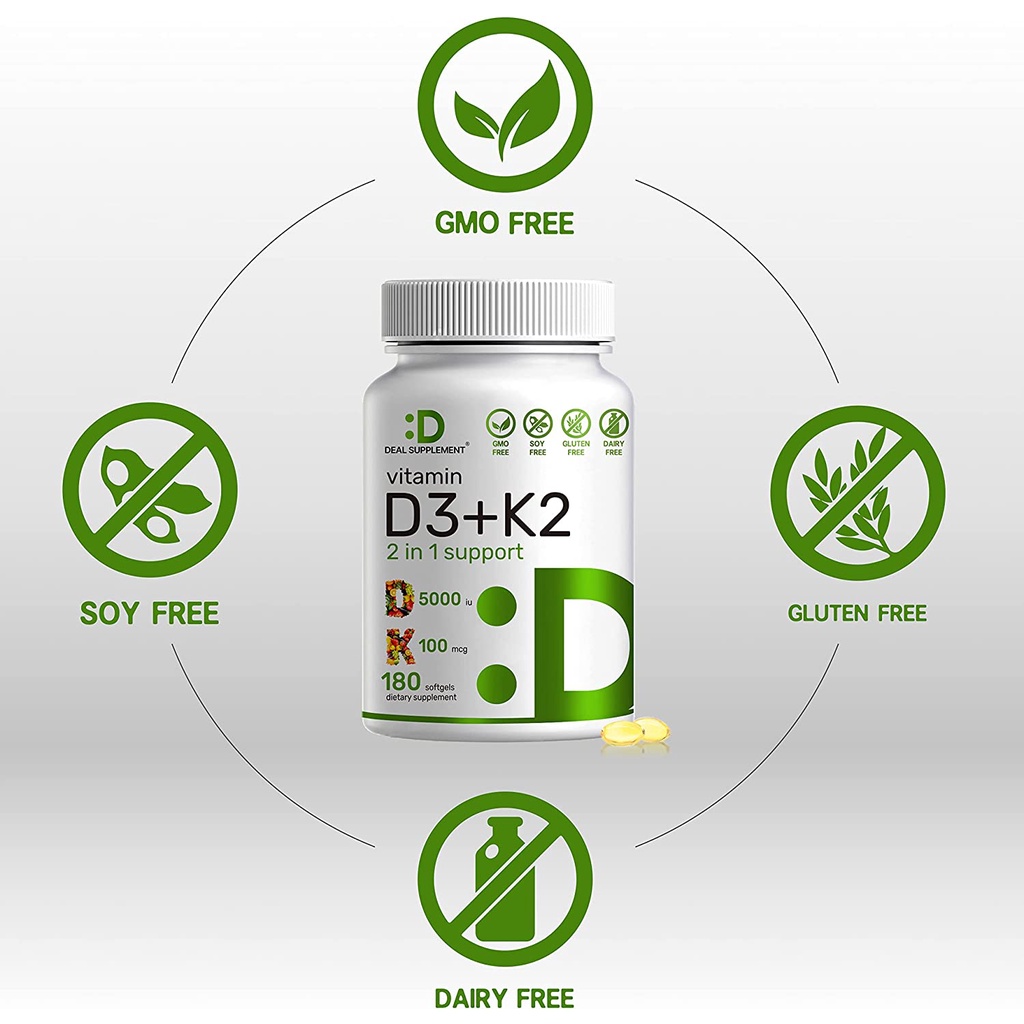Deal Supplement Vitamin D3 5000IU K2 MK7 100MCG - Viên uống D3 K2 hỗ trợ chắc khỏe xương, cải thiện tim mạch 180 viên