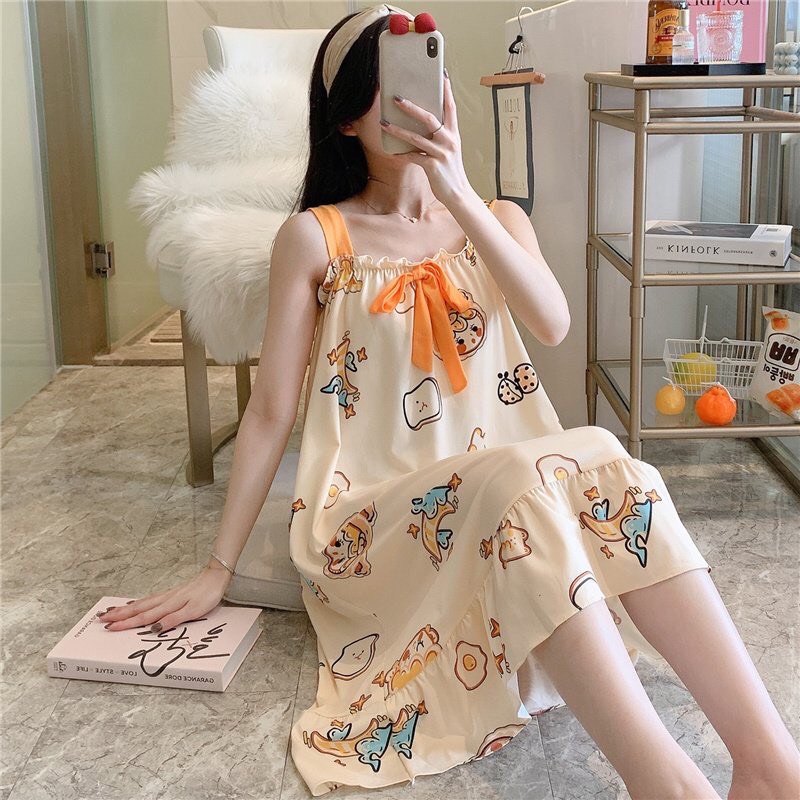 Đầm Bầu - Đầm Ngủ 2 dây Mùa Hè họa tiết hình  dễ thương - Kèm Bra lót mút chất liệu thun sữa mềm mại,