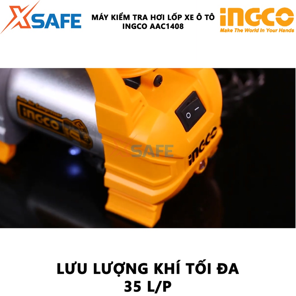 Máy kiểm tra hơi lốp xe INGCO AAC1408 Máy bơm hơi lốp xe Kèm đèn Led, dây nguồn 3m, 1 pin kẹp 4 vòi phun - Chính hãng