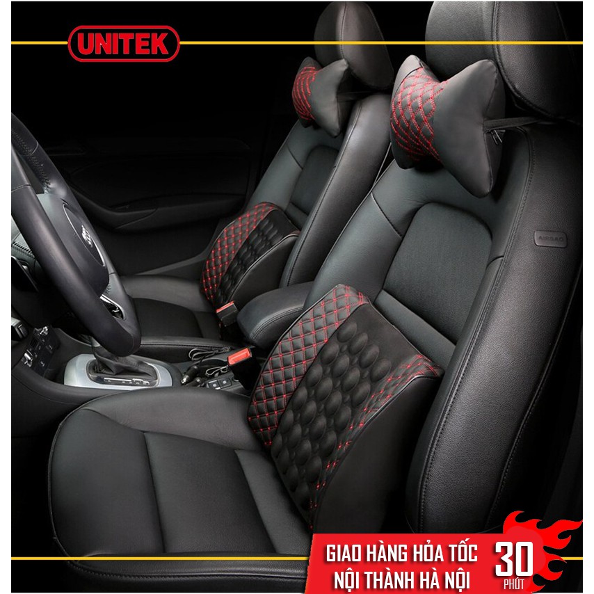 Combo Đệm Tựa Lưng Massage Và Gối Tựa Đầu Màu Đen Chỉ Trắng