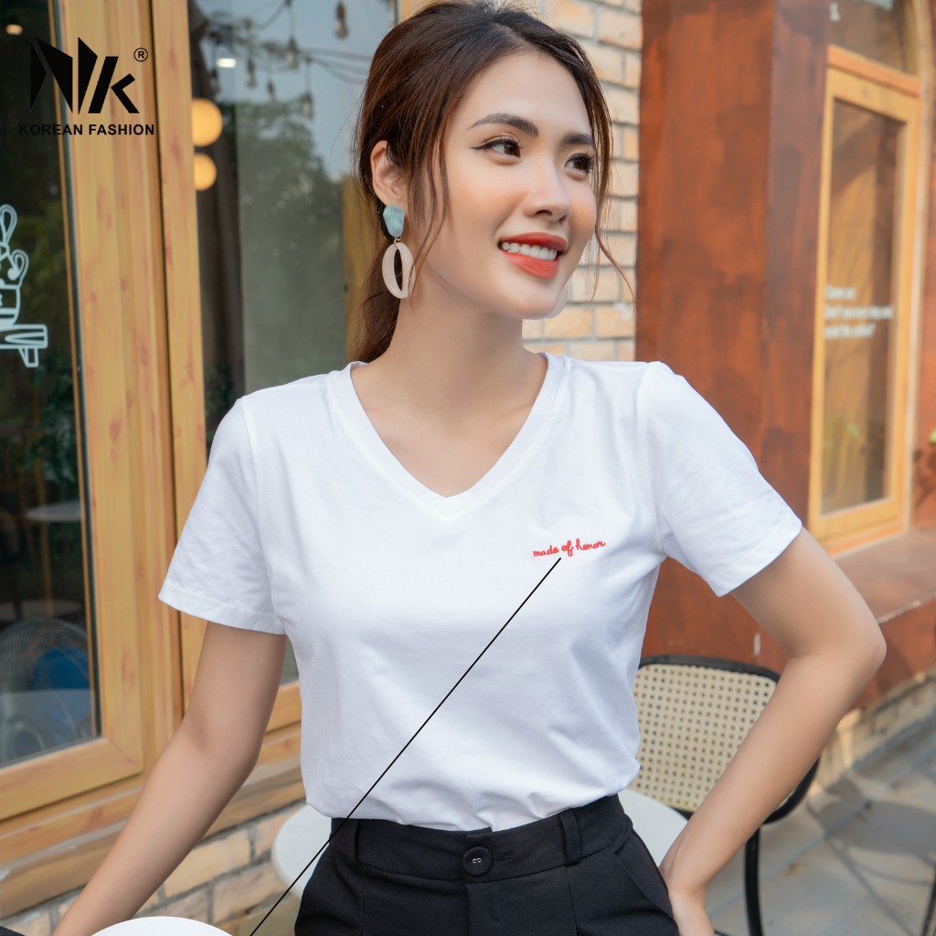 Áo Phông Nữ Cổ Tim NK FASHION Vải Cao Cấp Hàn, Co Giãn 4 Chiều, Không Nhăn, Mặc Mát, Co Giãn Nhẹ NKAT2101001