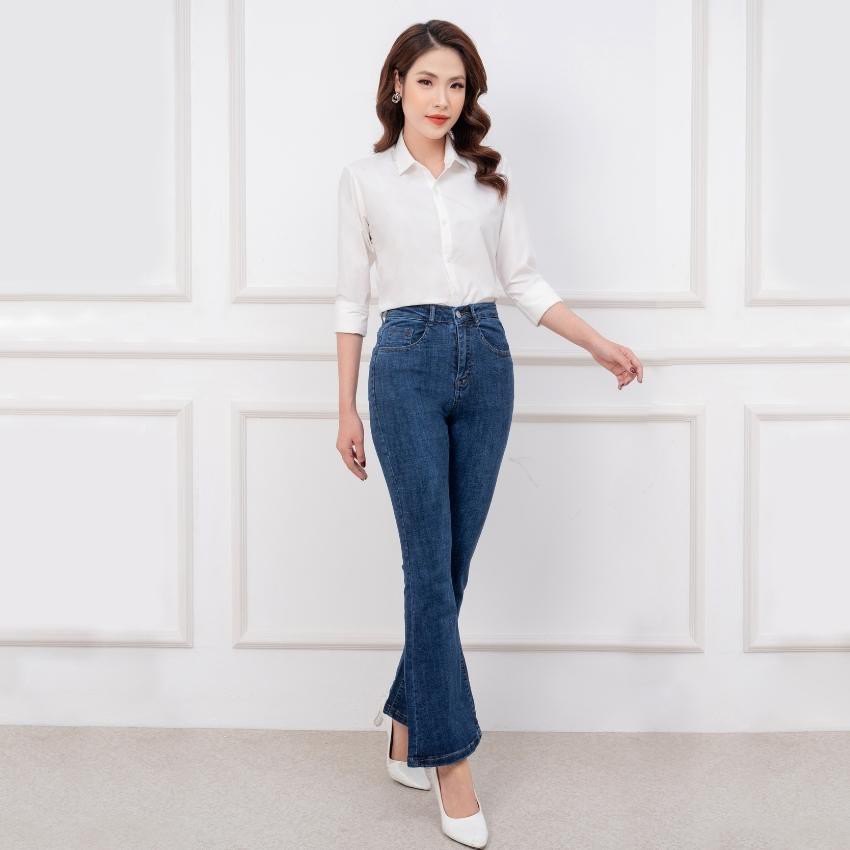 Quần jean ống loe lưng siêu cao nữ quần bò ống loe cạp cao chất cotton co giãn 4 chiều hàng VNXK RUBIE JEANS J6205