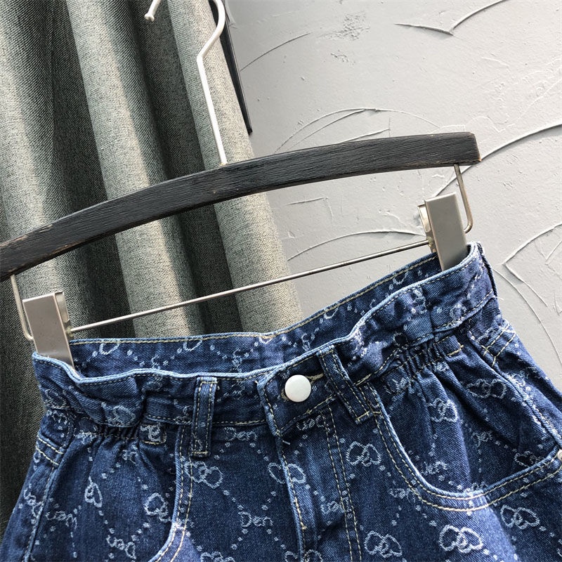 Quần short denim ống rộng eo cao in họa tiết thời trang cho nữ