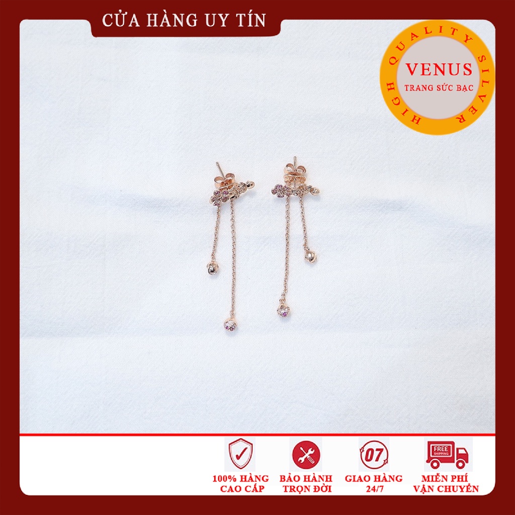 [Hàng cao cấp] Bông tai hoa đào xi vàng hồng- Trang sức bạc Venus
