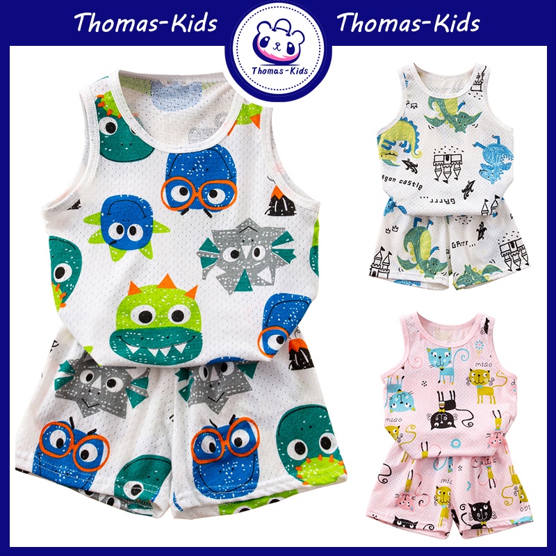 [THOMAS KIDS] 1-9 Tuổi Set Đồ 2 Món Gồm Áo Thun Sát Nách In Hình Khủng Long + Quần Ngắn Phối Lưới 100% Cotton Cho Bé Trai / Gái