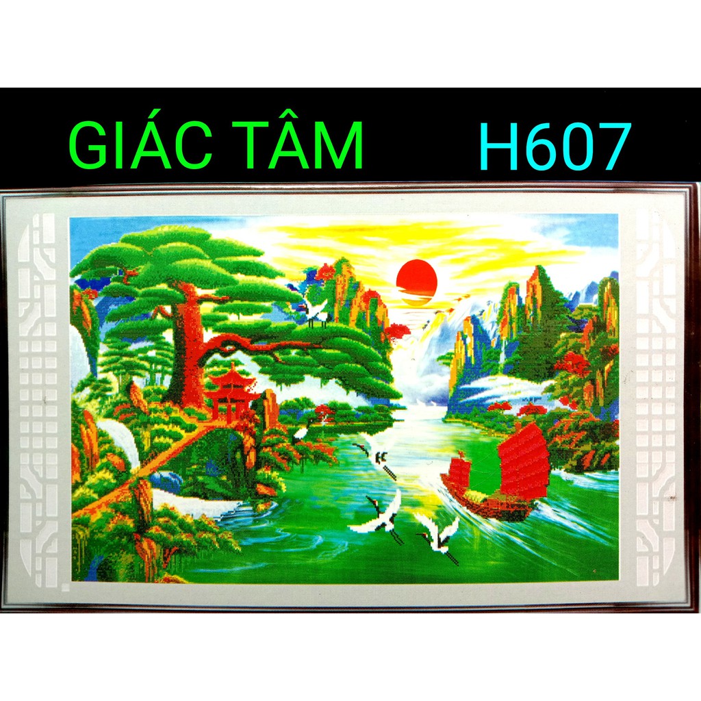 Tranh đá CẢNH NÚI THÁC NƯỚC BIỂN THUYỀN BUỒM TÙNG HẠC MẶT TRỜI - 106x72cm - H607 - tranh đá chưa làm - chưa gắn đá