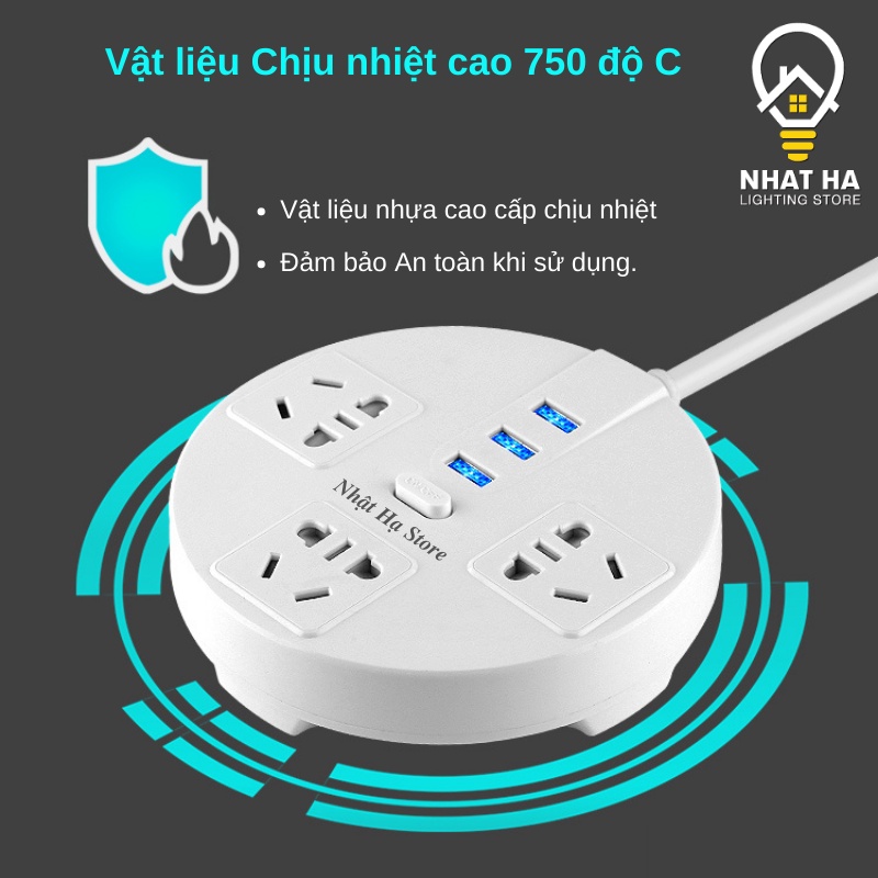 Ổ Cắm Điện Đa Năng Tròn Dây Dài 3m Có 2 cổng USB Nắp Bịt An Toàn Chống Giật Chịu Tải Lớn 2500W